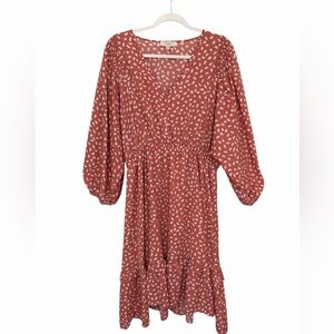 Umgee Coral Pink White Babydoll Dress V-Neck Smocked Waist Puff Sleeve Size 2XL